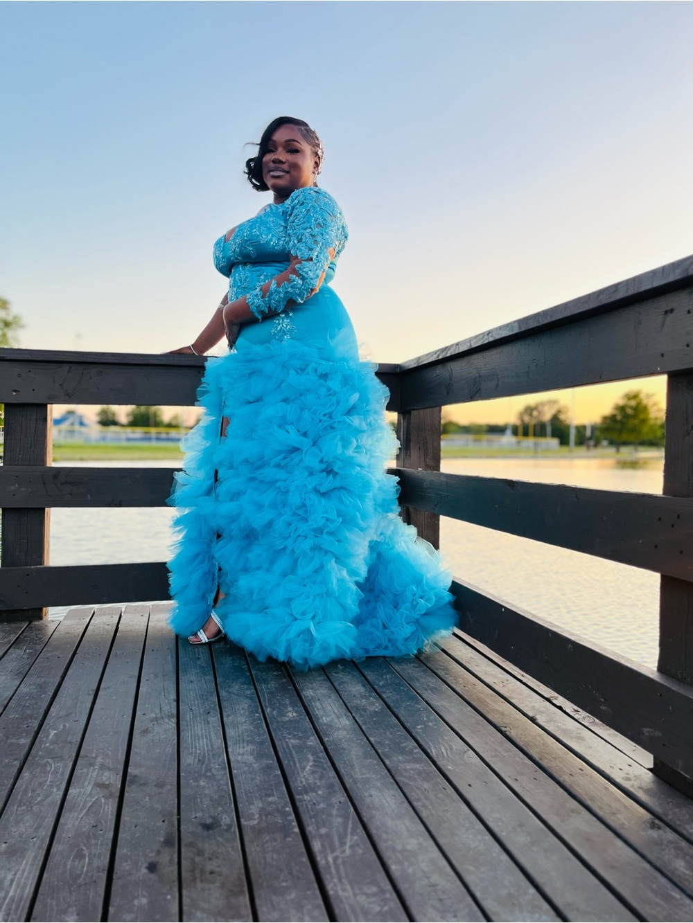 Elegant Turquoise One-Shoulder Ruffled Prom Dress - Picture 3 of 5